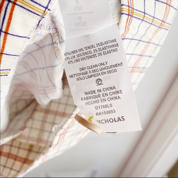 Nicholas Plaid Button Front Puff Sleeve Mini Dress Linen Blend Cream Red Size 2 - Picture 10 of 12